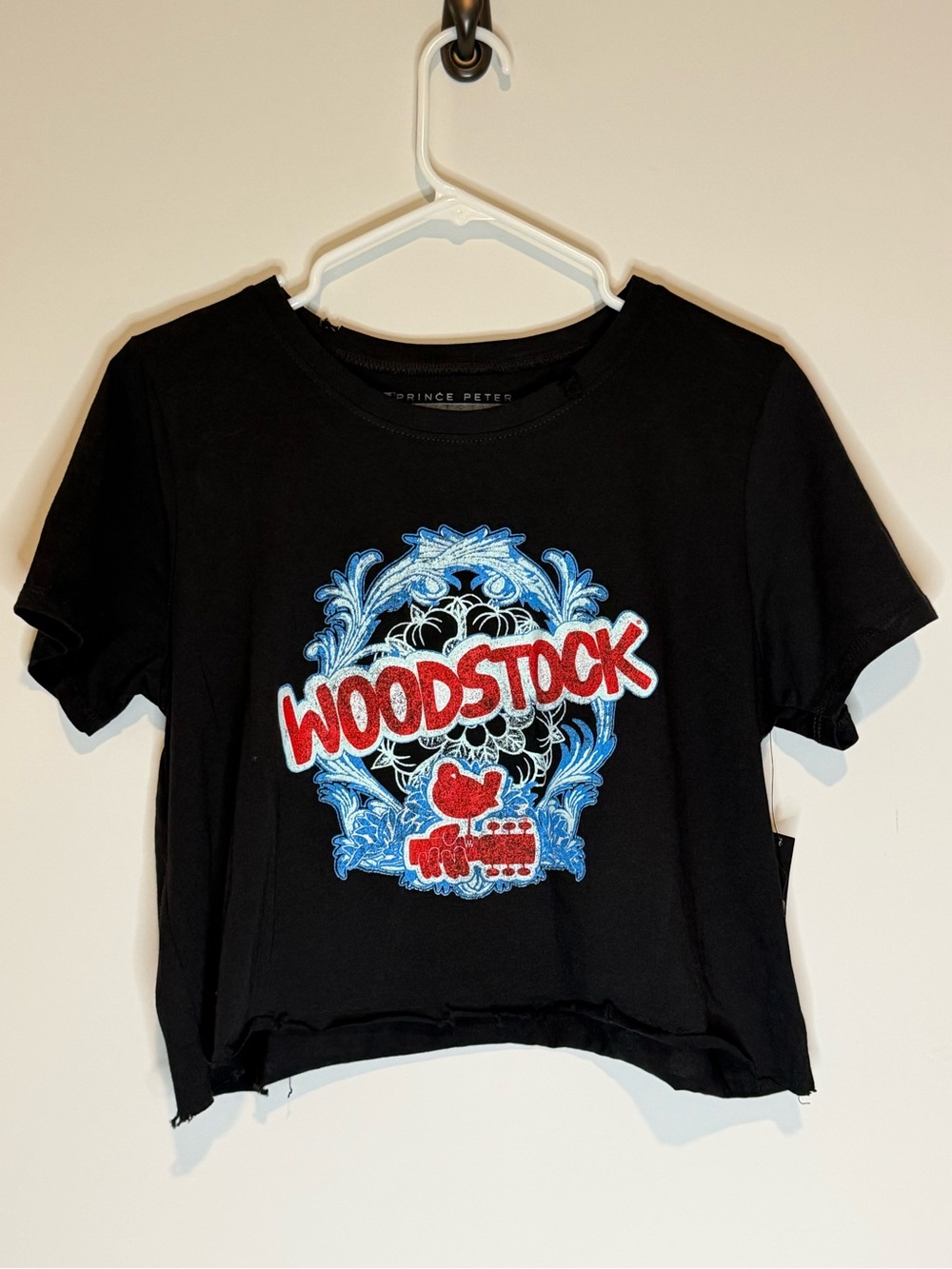 Prince Peter Collection Black Woodstock Graphic Crop Tee with Red & Blue Accents